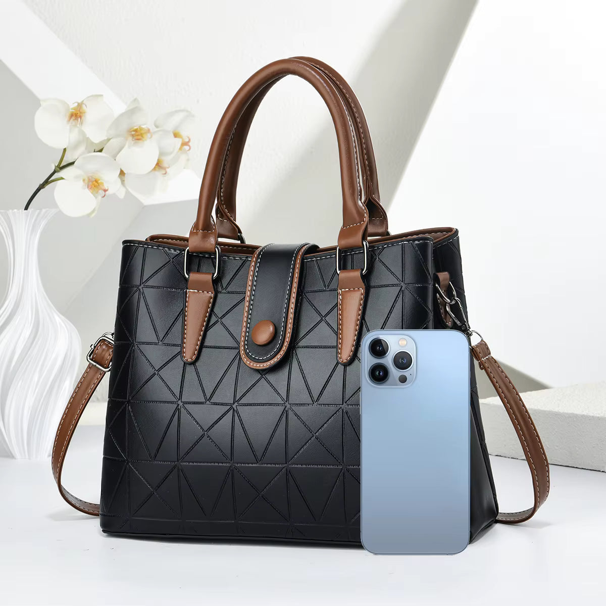 Miles London Geometric Tote Bag for Women | Structured Everyday Carryall | Black