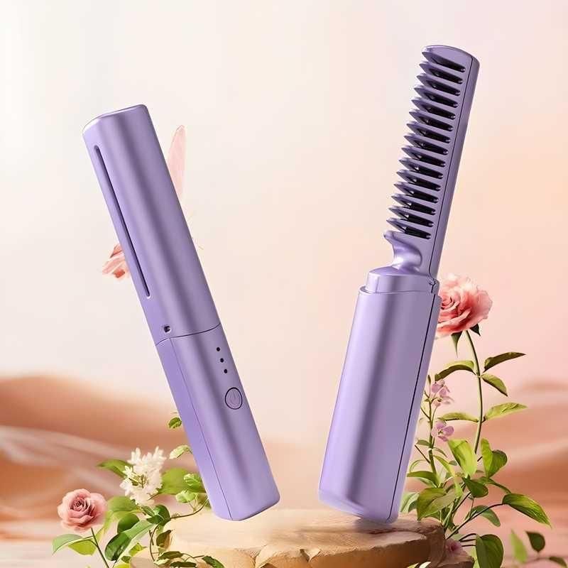 Meneflix Cordless Mini Hair Straightener & Hot Comb – Rechargeable, Portable (18.5 cm)