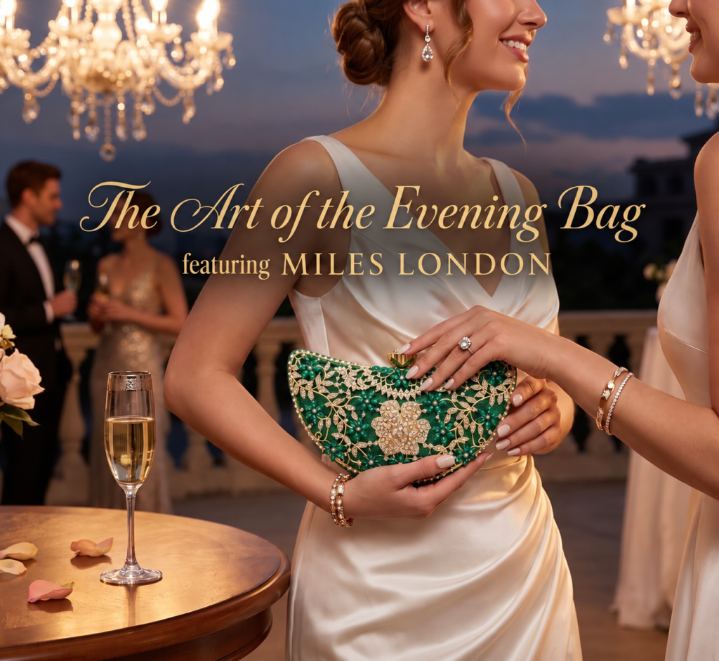 Woman in an evening setting holding an ornate green Miles London clutch